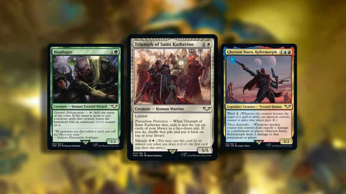 Most expensive MTG Warhammer cards: Triumph of Saint Katherine, Biophagus, and Gyrson Starn