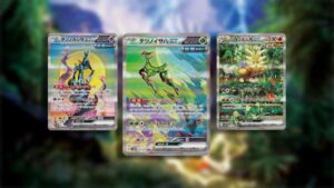 Three expensive Pokémon Temporal Forces trading cards featuring colorful, illustrated characters on a background with a blurry natural landscape.