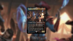 Quick Draw decklist: Stella Lee, Wild Card is the Commander in charge of this deck. Her card is against a blurred decorative background.