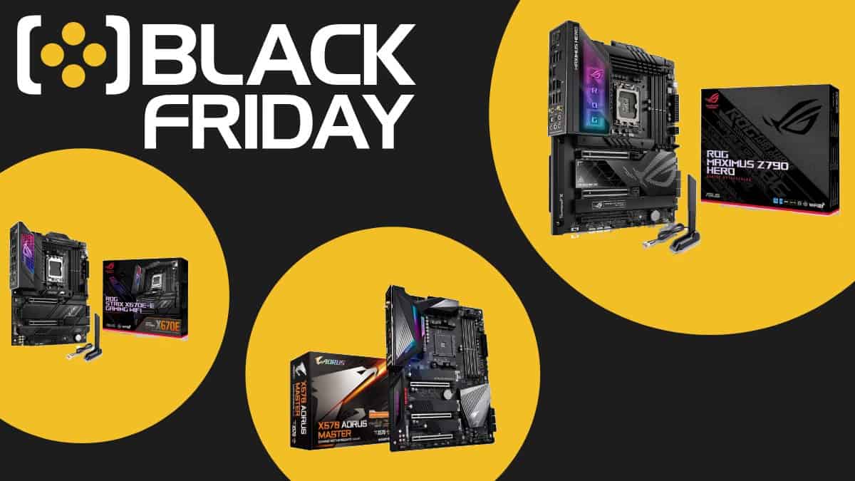 A black friday ad showcasing amazing deals on ASUS motherboards.