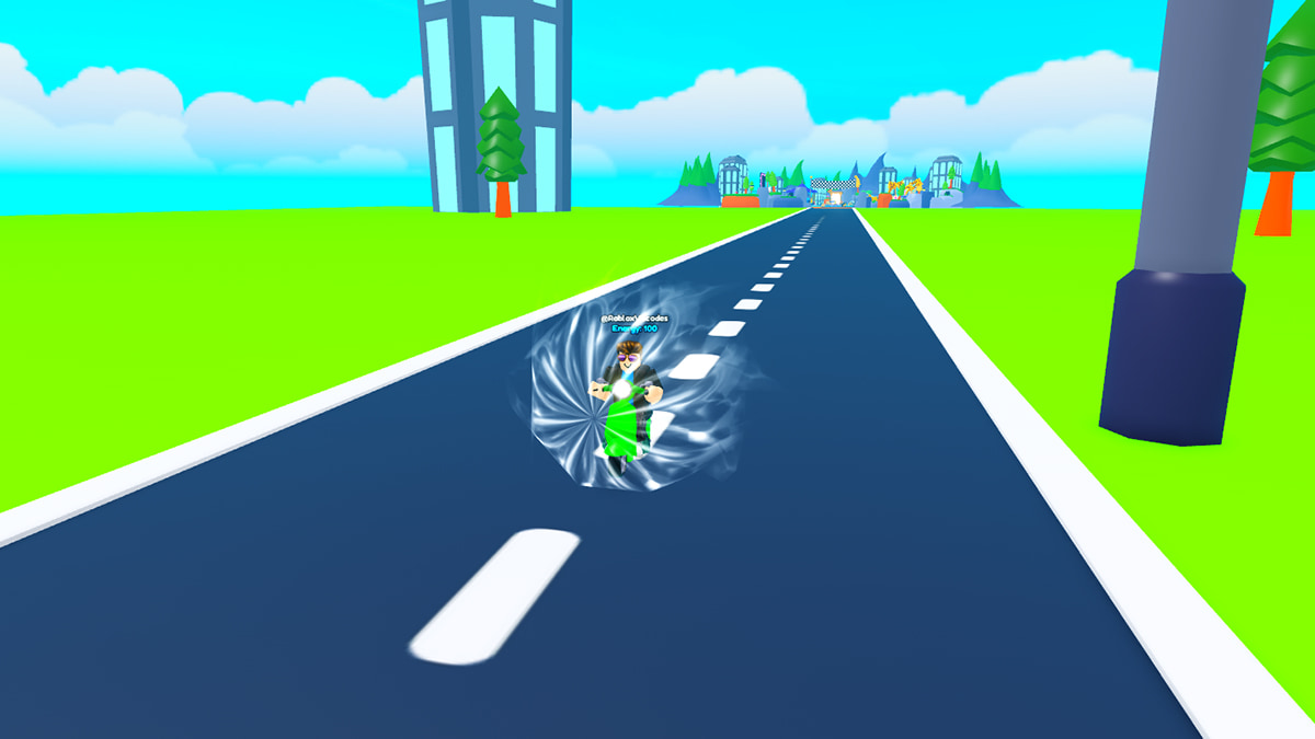 Image of the player riding a bike down a street with a city in the background in Motorcycle Racing on Roblox.