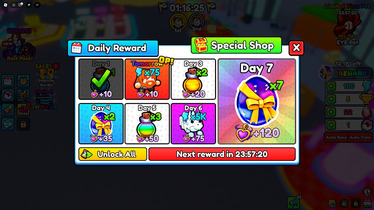 Image of the Daily Rewards window in Motorcycle Racing on Roblox.