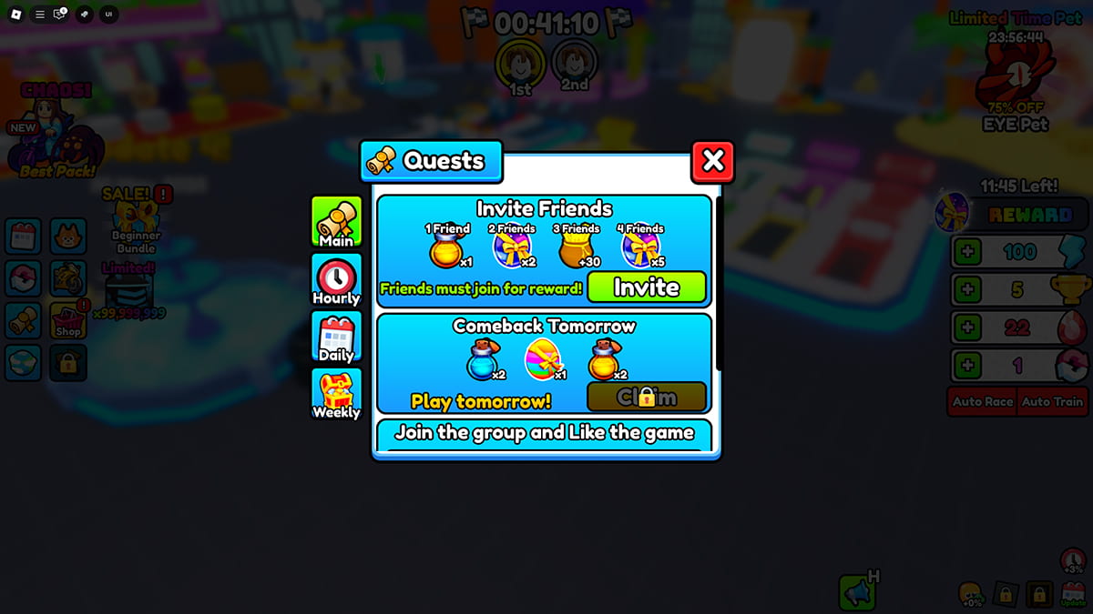 Image of the Quests window in Motorcycle Racing on Roblox.