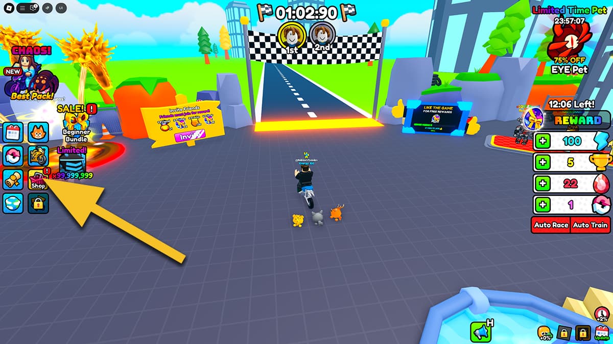 Image of the player in the lobby of Motorcycle Racing on Roblox, with an arrow pointing at the Shop button.