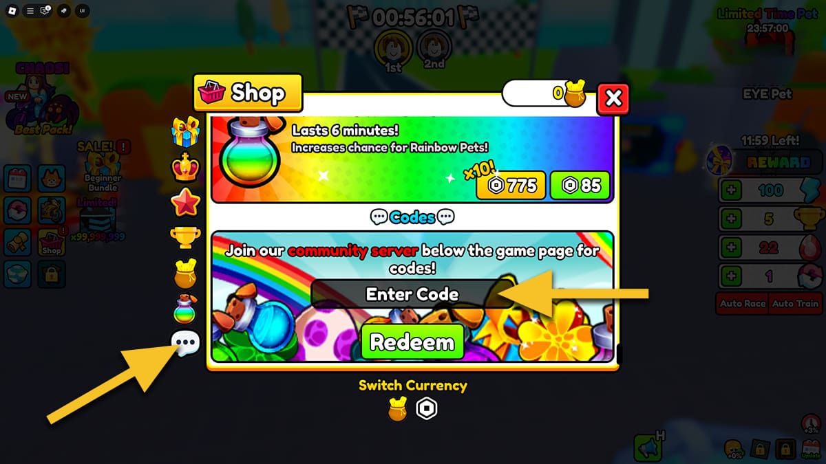 Image of the shop screen in Motorcycle Racing on Roblox, with arrows pointing at the Codes icon and the text input box.