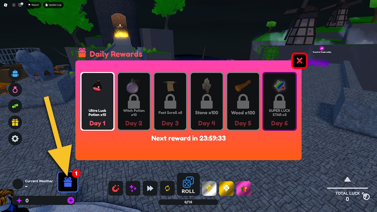 Image of the Daily Rewards screen  in Mount RNG on Roblox, with an arrow pointing at the daily gift icon.