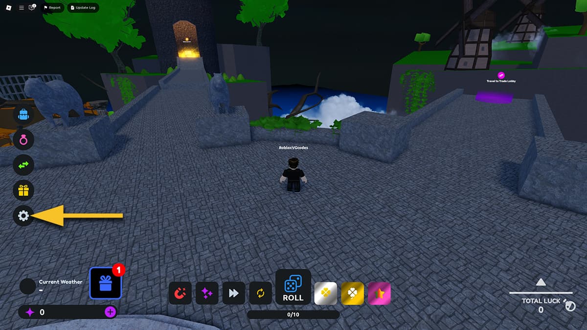 Image of the player standing in the hub of Mount RNG on Roblox, with an arrow pointing at the cog-shaped Settings icon.