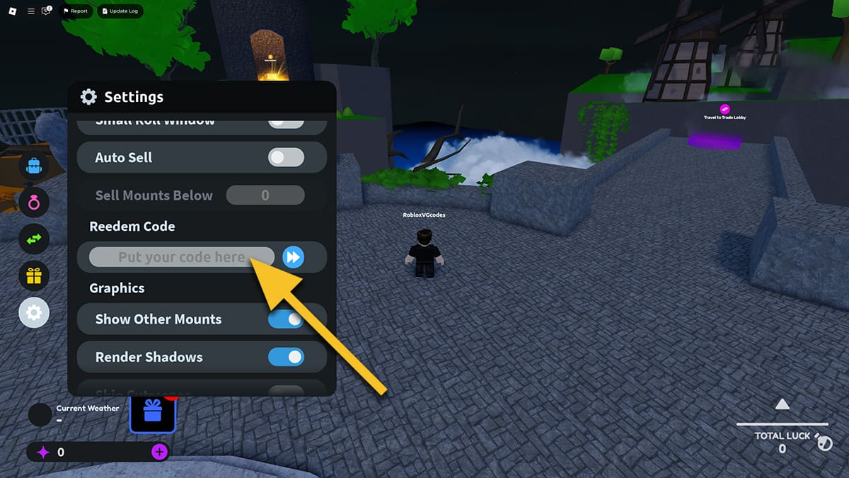 Image of the Settings screen in Mount RNG on Roblox, with an arrow pointing at the code input text box.