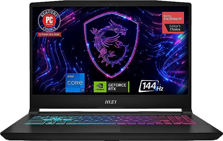 A black MSI Katana 15 laptop with a dragon logo on it.