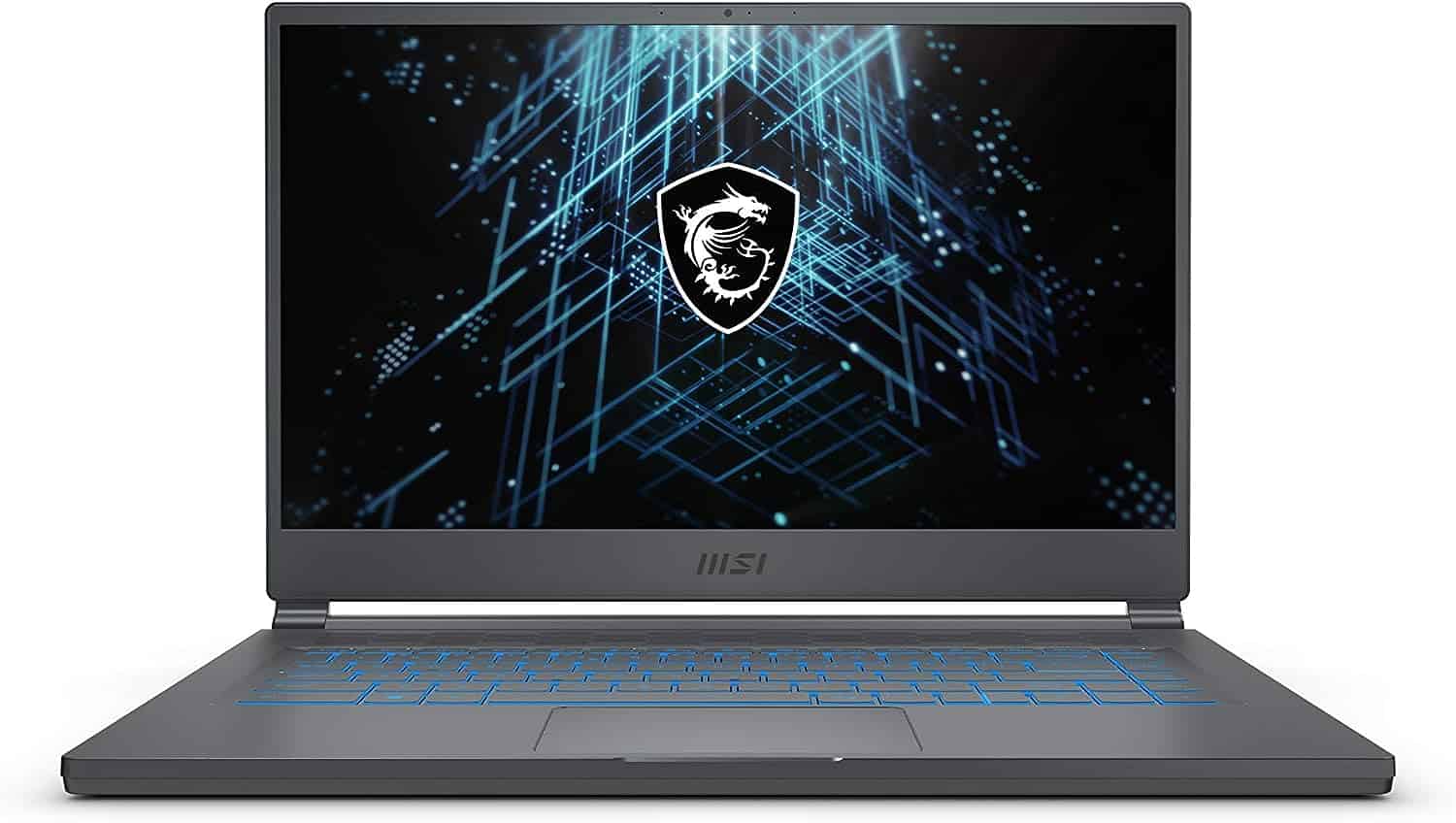 A black MSI Stealth 15M laptop with a blue logo on it.