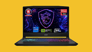 A black MSI gaming laptop with a colorful logo on it.