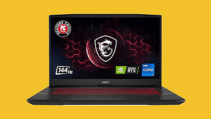 A black laptop with a red logo on a yellow background.