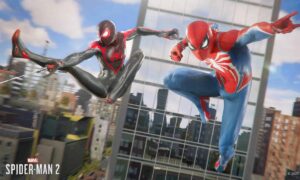 Marvel's Spider-Man 2 DLC: miles and peter swinging through the city.