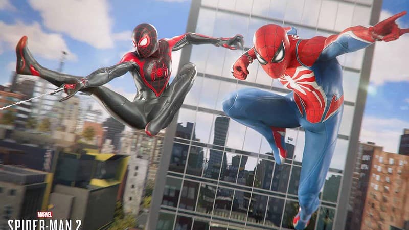 Marvel's Spider-Man 2 DLC: miles and peter swinging through the city.