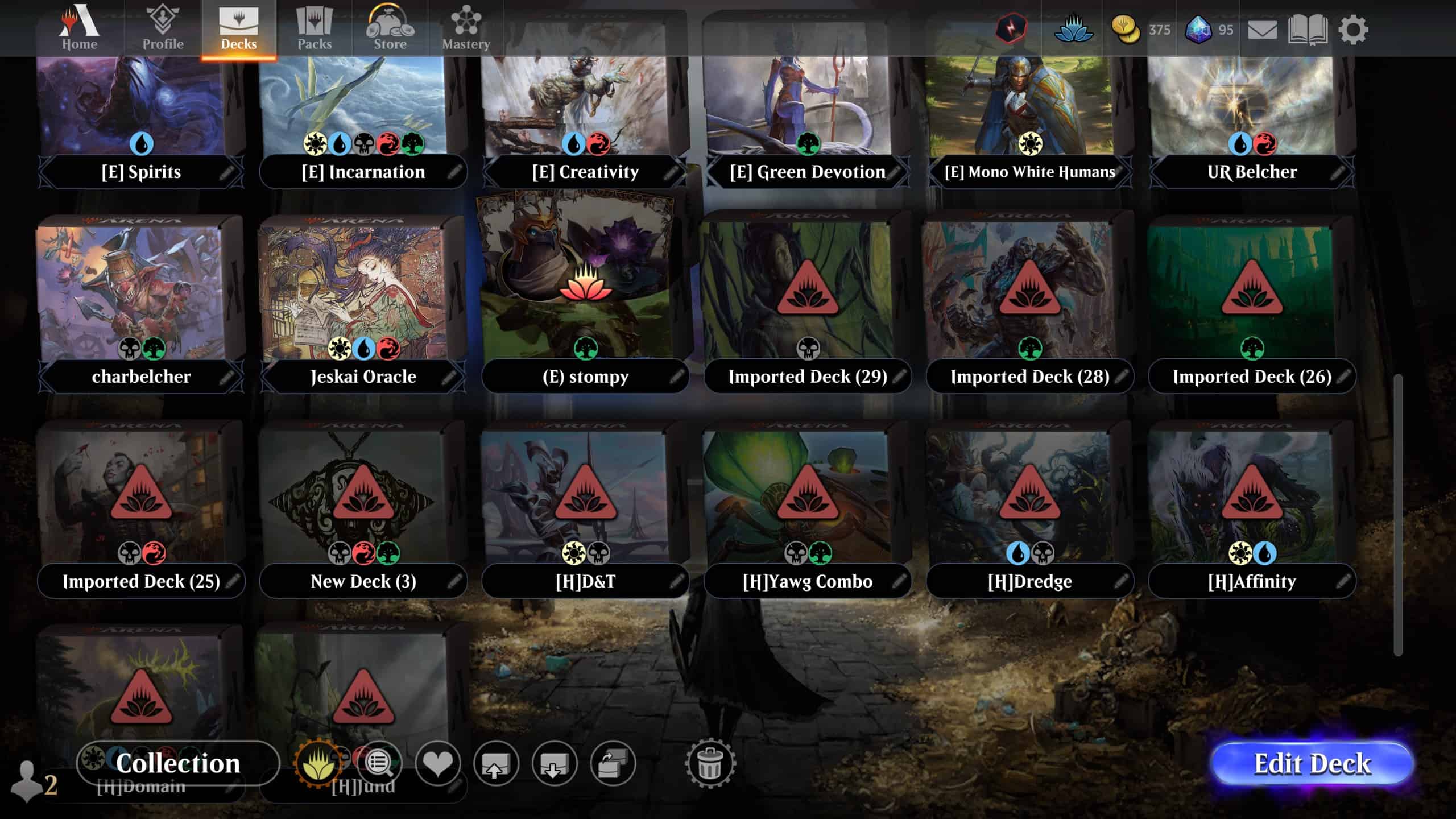 A screenshot showing the symbols for incomplete decks on MTG Arena