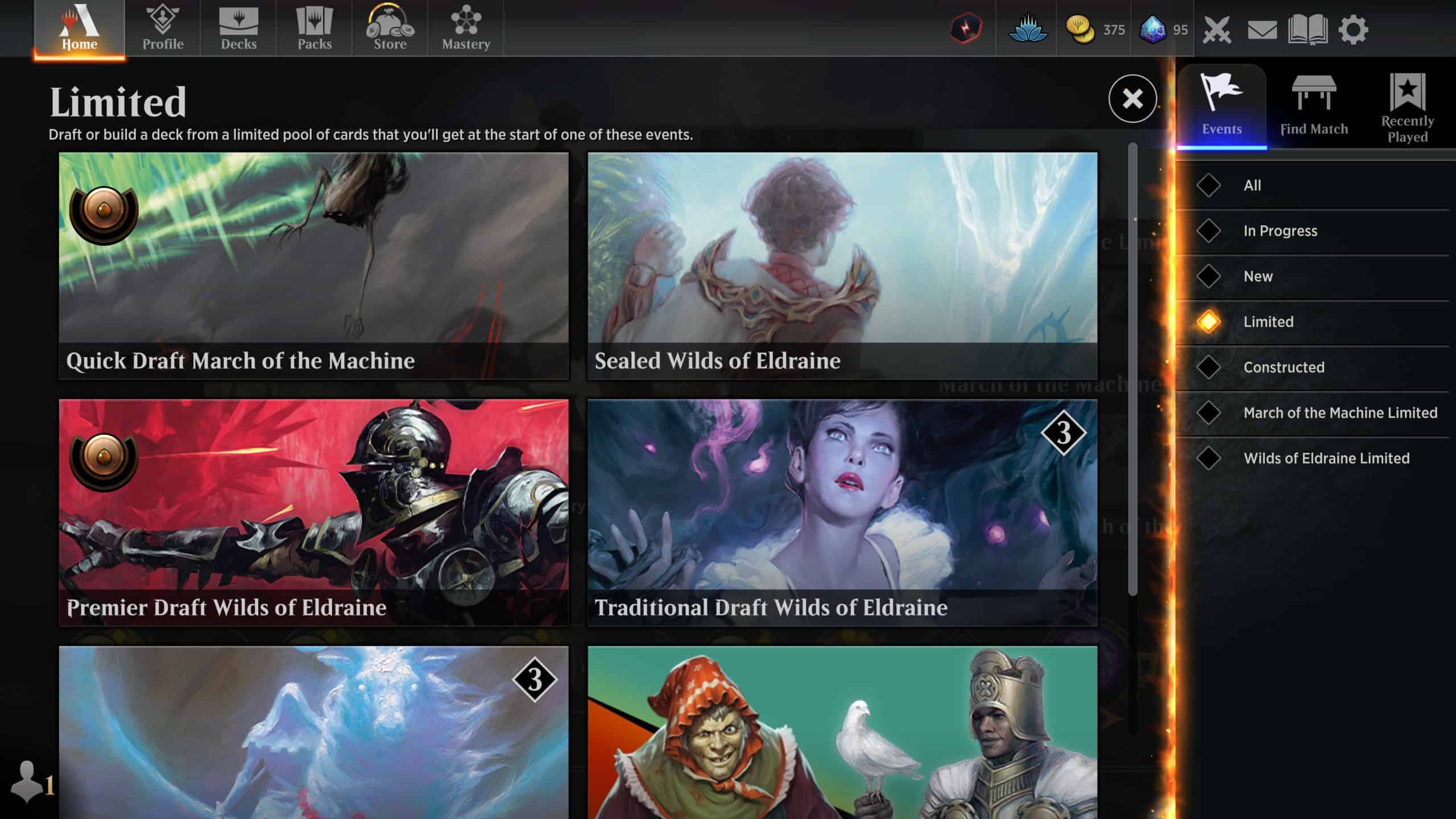 Picture of the Draft event selection screen on MTG Arena