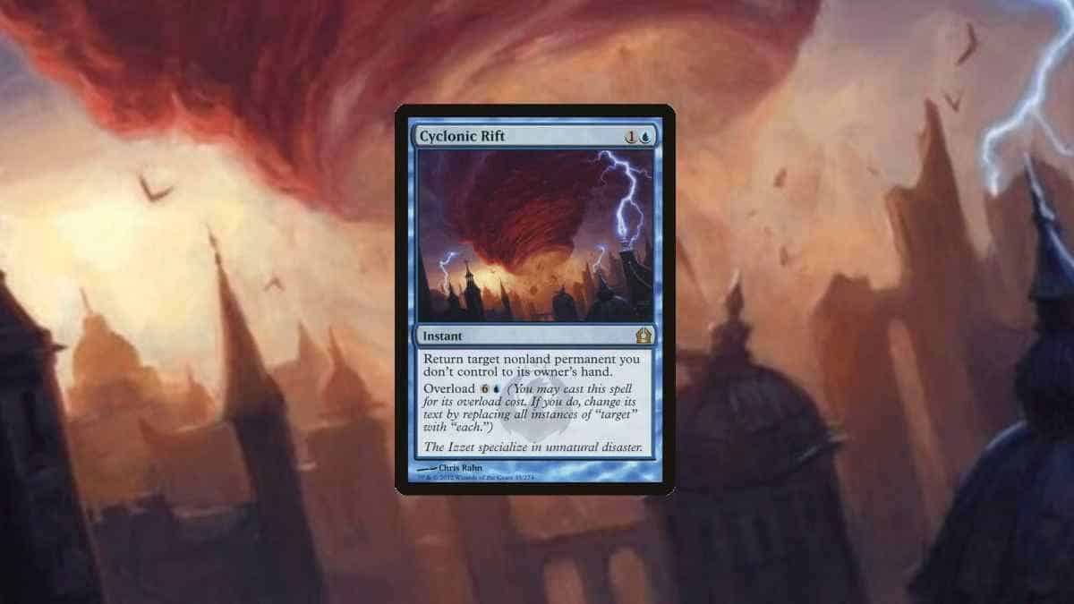 A "Magic: The Gathering" card named "Cyclonic Rift," renowned as one of the nine best board wipes in MTG, is displayed against an artistic backdrop of stormy skies.