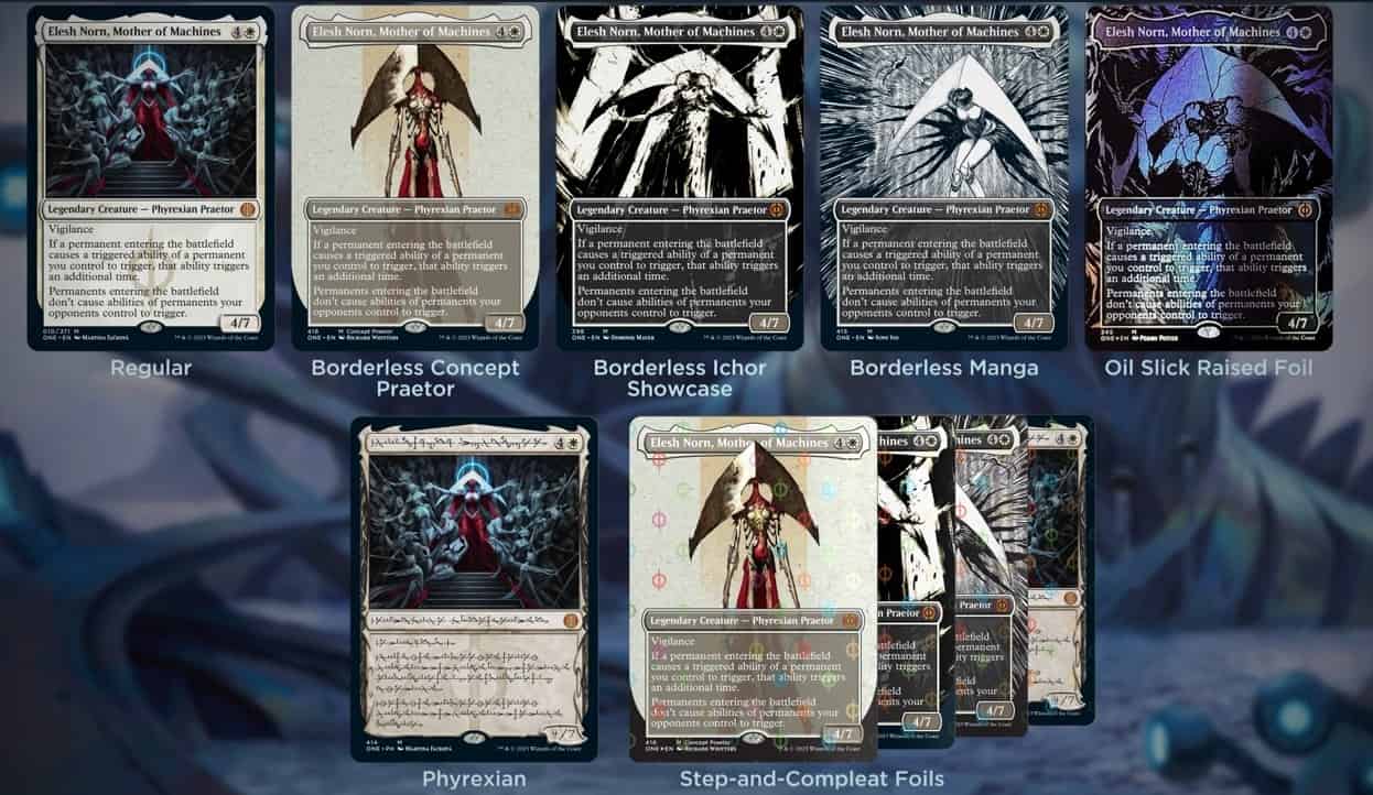 Picture of the card variants in Phyrexia: All Will Be One from Magic: the Gathering