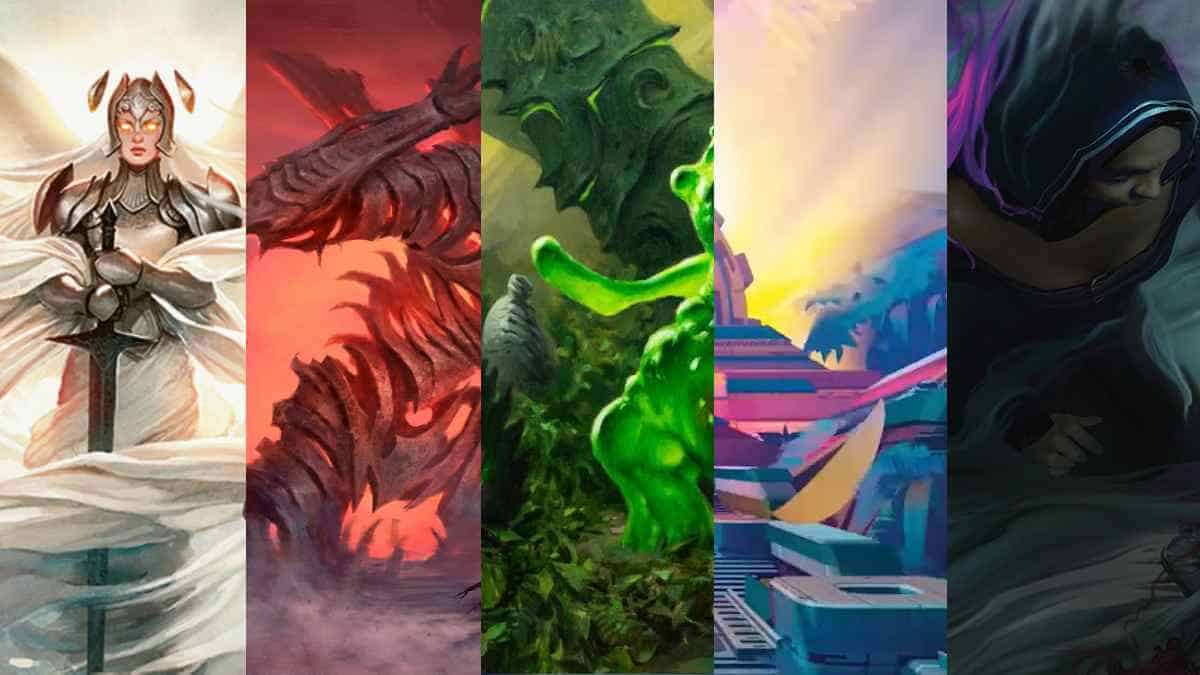 A series of paintings featuring various characters, each representing a unique MTG color combination.