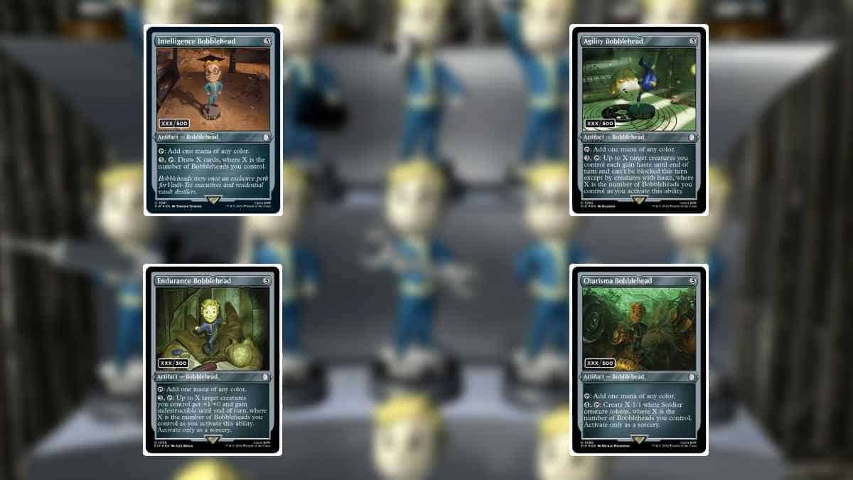 Four "MTG" cards displayed against a blurry background.