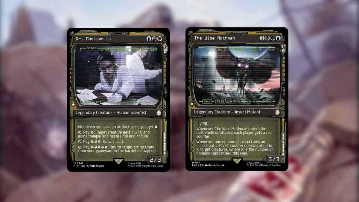 Two cards with a picture of a man and a woman from MTG Fallout spoilers.