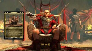 Sitting on a throne, the man commands a group of people before him.