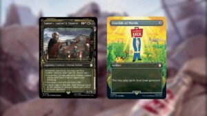 A card with a picture of a mountain and a card with a picture of a MTG mountain.