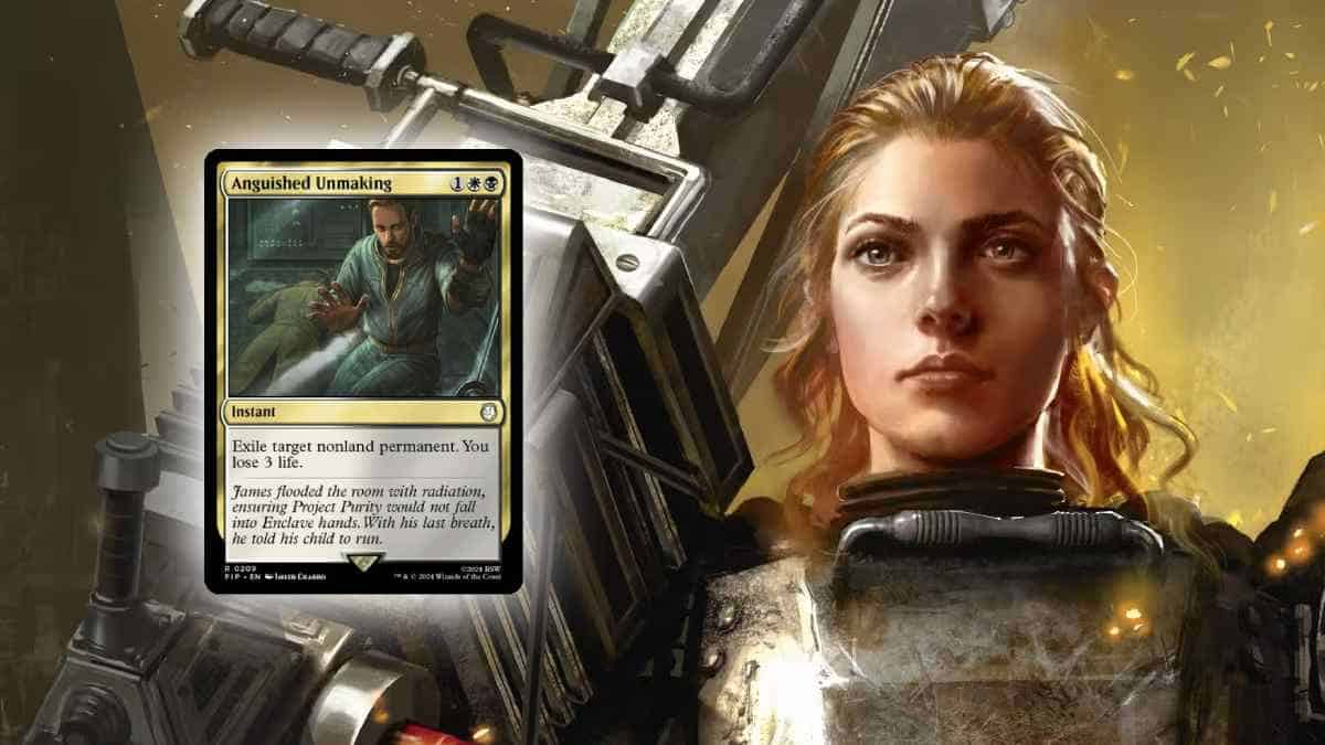 A woman in futuristic armor appears beside an MTG card named "Anguished Unmaking.