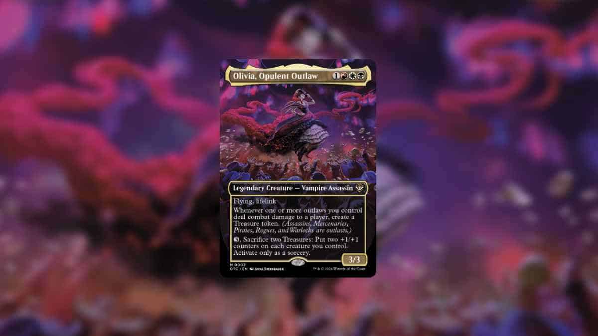 A trading card named "Olivia, Opulent Outlaw: Most Wanted" from a fantasy card game with a blurry background of pink and purple hues.