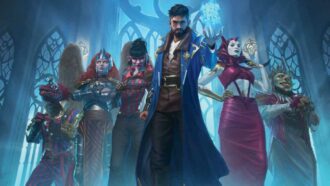 A group of characters standing in front of a church, engaged in a Magic: The Gathering game.