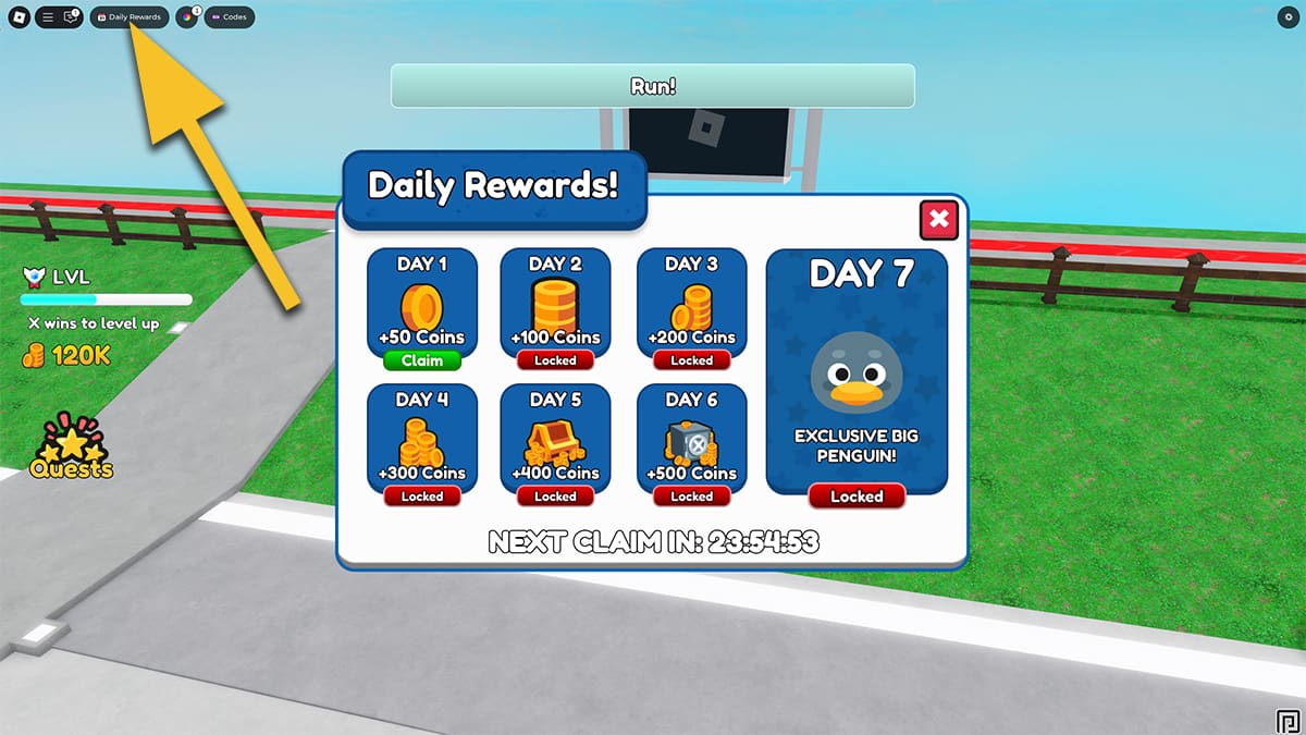Image of the Daily Rewards screen in Musical Chairs on Roblox, with an arrow pointing at the Daily Rewards button.