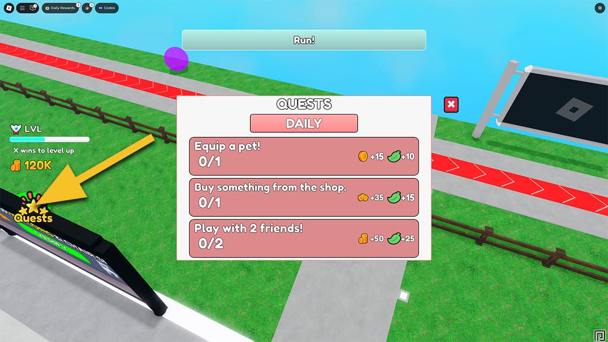 Image of the Quests screen in Musical Chairs on Roblox, with an arrow pointing at the Quests icon.