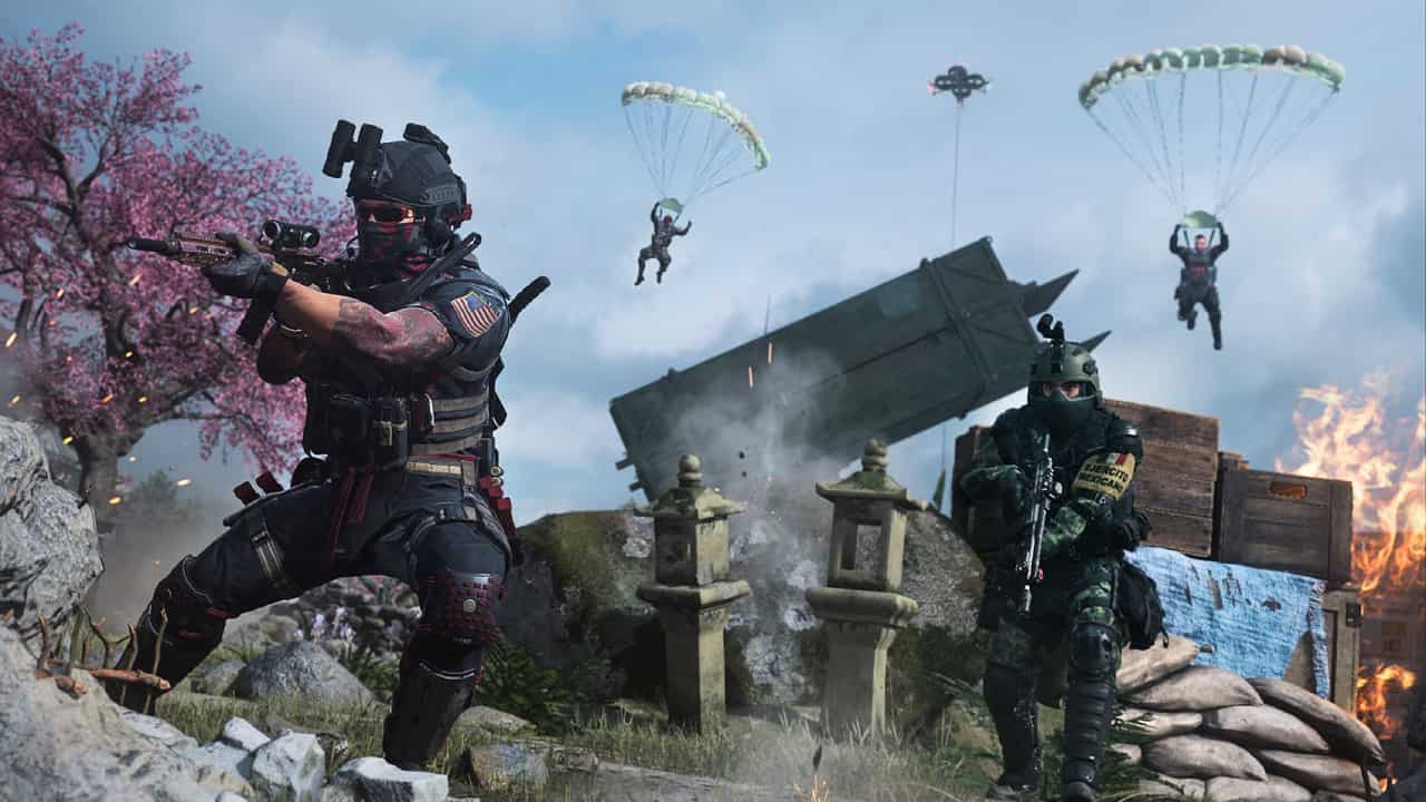 MW2 Season 5 buffs and nerfs: A squad of soldiers are airdropped into a battlefield punctuated by Japanese fauna and architecture.