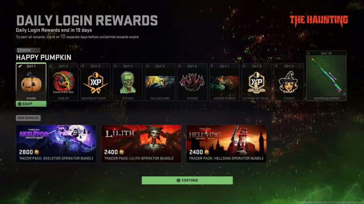 A screenshot of the hunter's daily login rewards during the MW2 Haunting event.