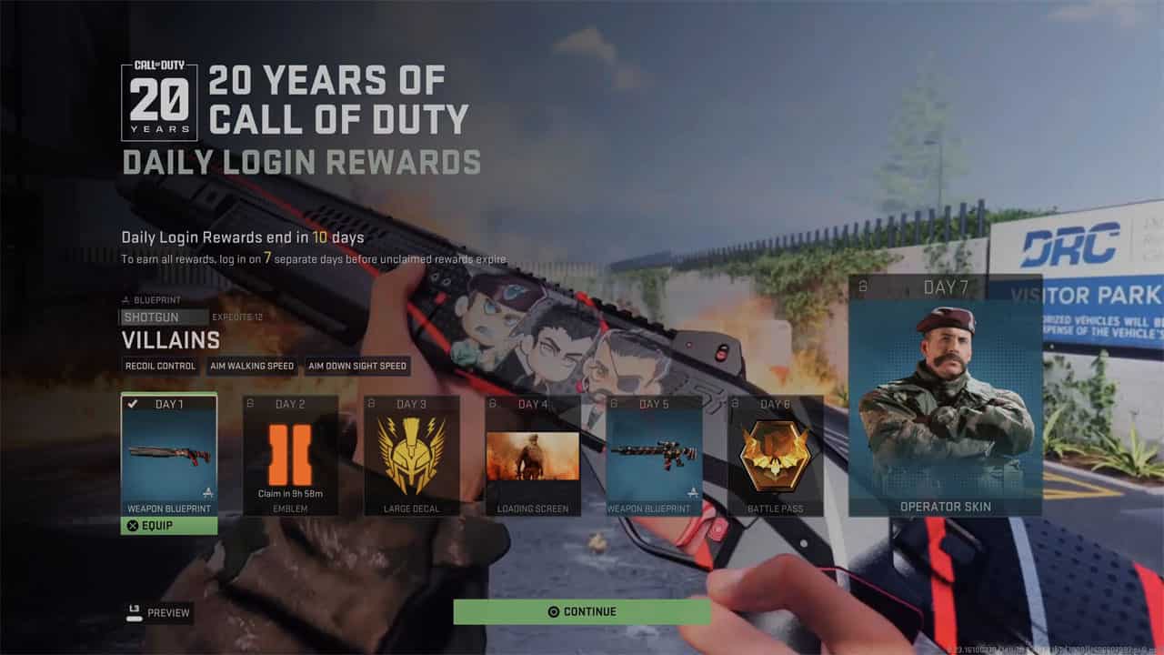 A screenshot of the Call of Duty 20th anniversary rewards including MW3 anniversary rewards.