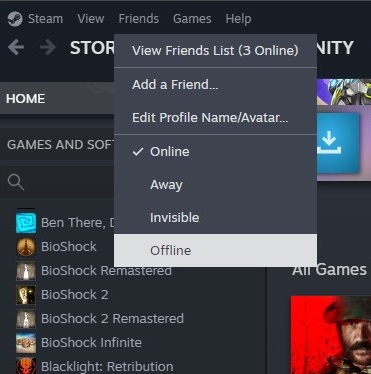 Mw3 appear offline with Steam: Steam friend drop-down menu with Offline highlighted.