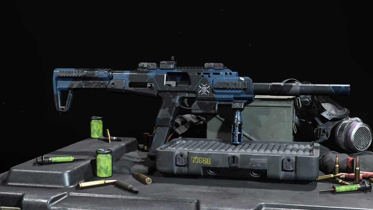 A black and blue futuristic rifle.