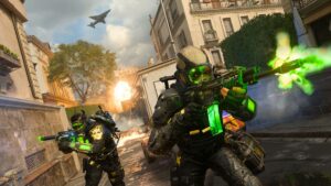 Two soldiers in futuristic gear engage in a firefight on a city street with glowing green weapons. Explosions light up the sky as an aircraft roars in the background, echoing the intense action you'd find in an MW3 Battle Pass mission.