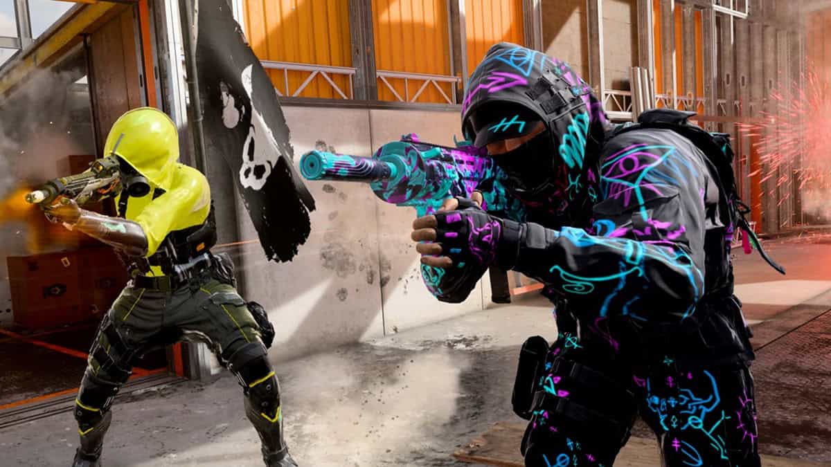 Two characters in colorful tactical gear engage in a firefight.