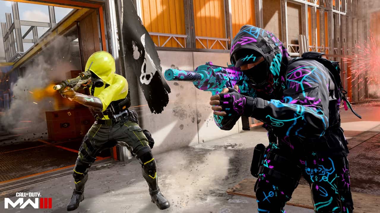 MW3 game modes: Two players in colorful attire stand together in a room