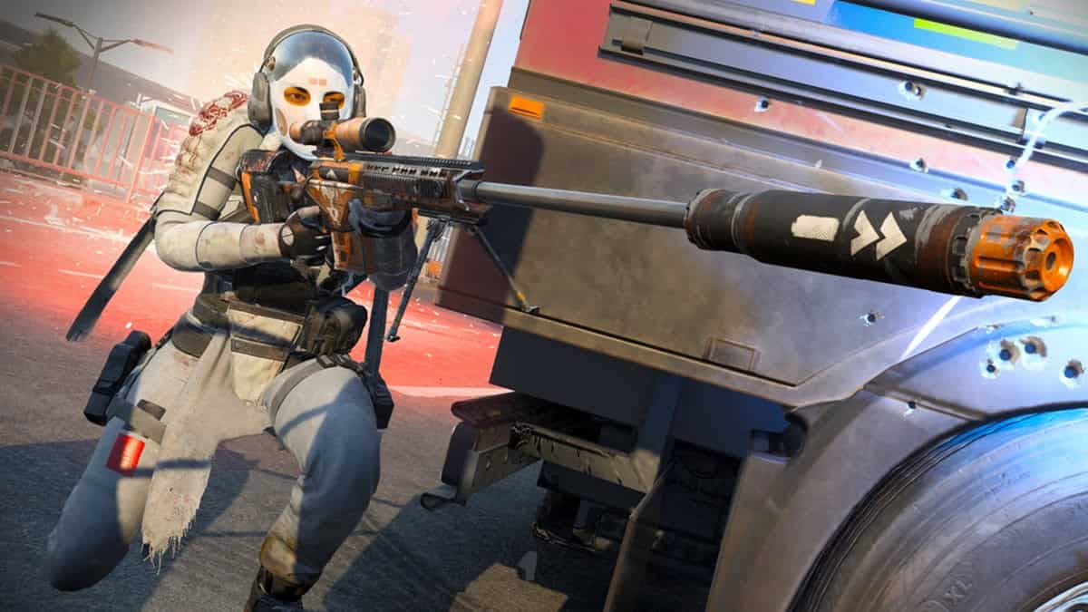 A masked and armored character crouches and holds a sniper rifle.