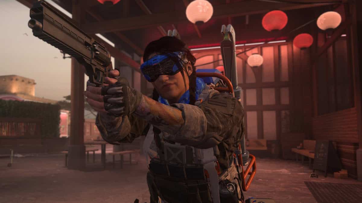 A character wearing tactical gear aims a pistol.