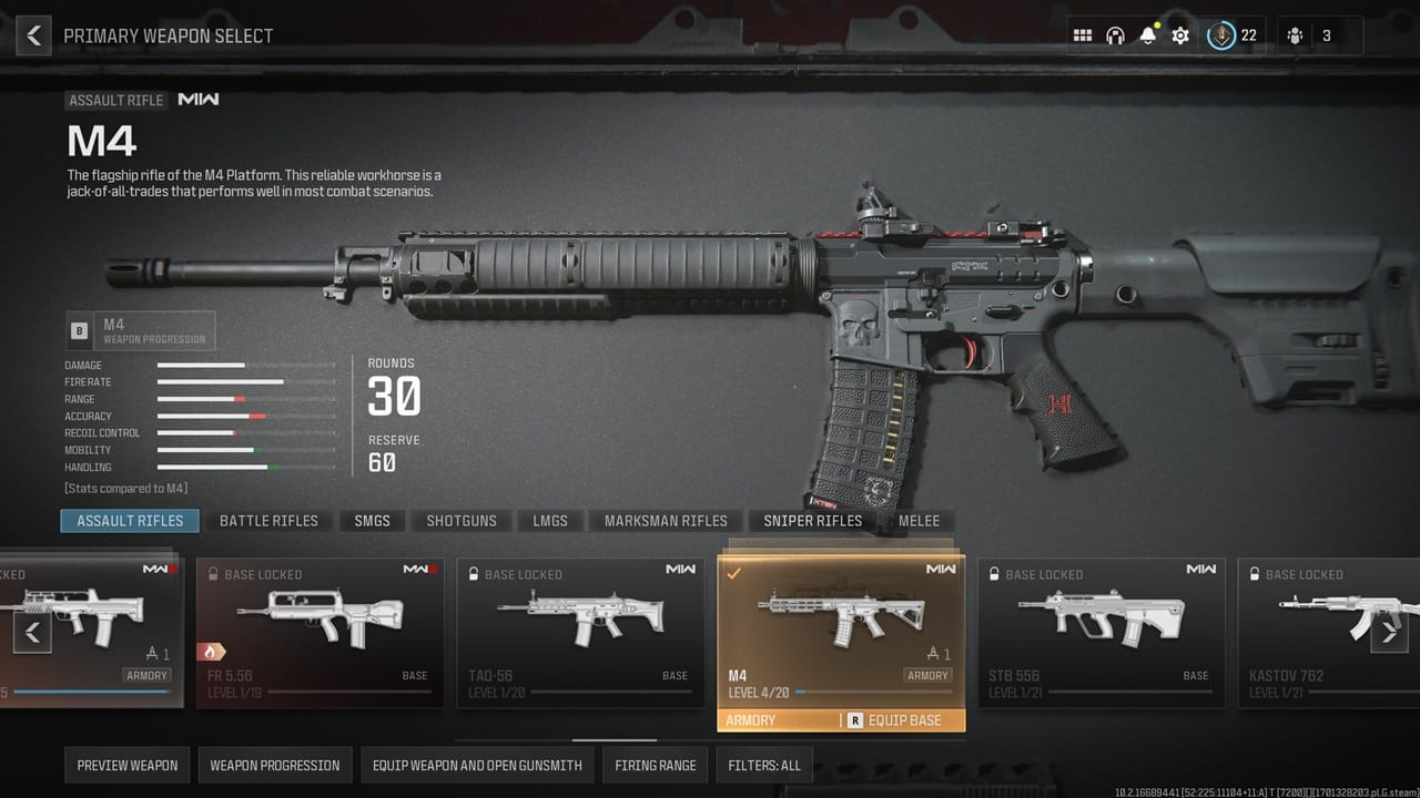 An image of the M4 in the MW3 Gunsmith. Image captured by VideoGamer.