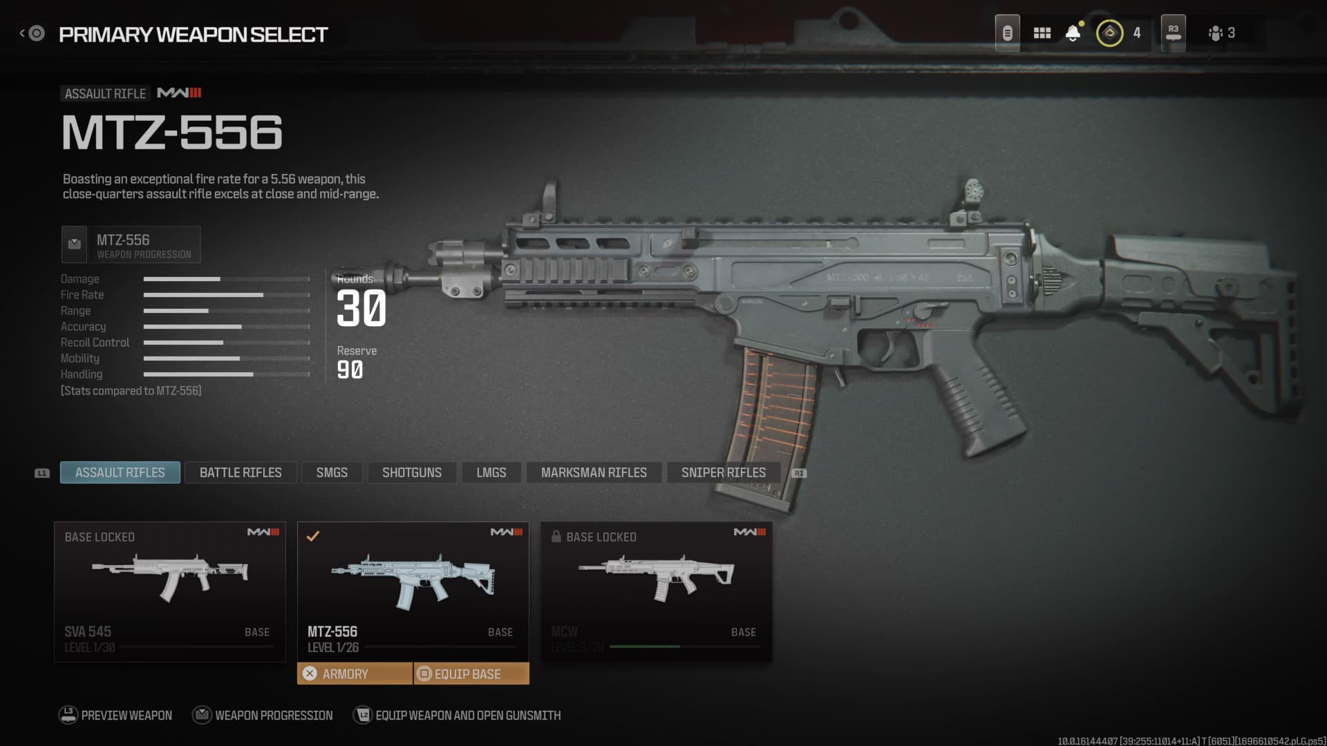An image of the MTZ-556 assault rifle in the MW3 Gunsmith. Image captured by VideoGamer.