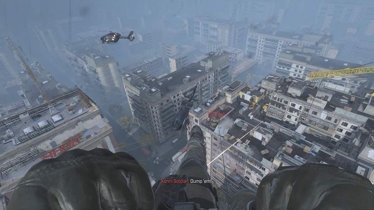 Dangling from a rope in the MW3 campaign. Image captured by VideoGamer.