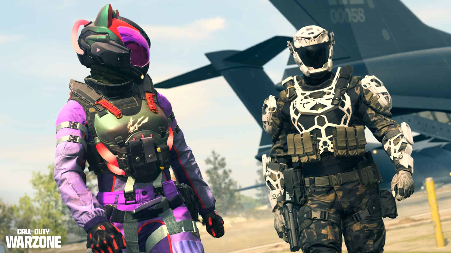 A man and a woman in armor standing next to a plane, showcasing the upcoming MW3 Season 1 Reloaded content.