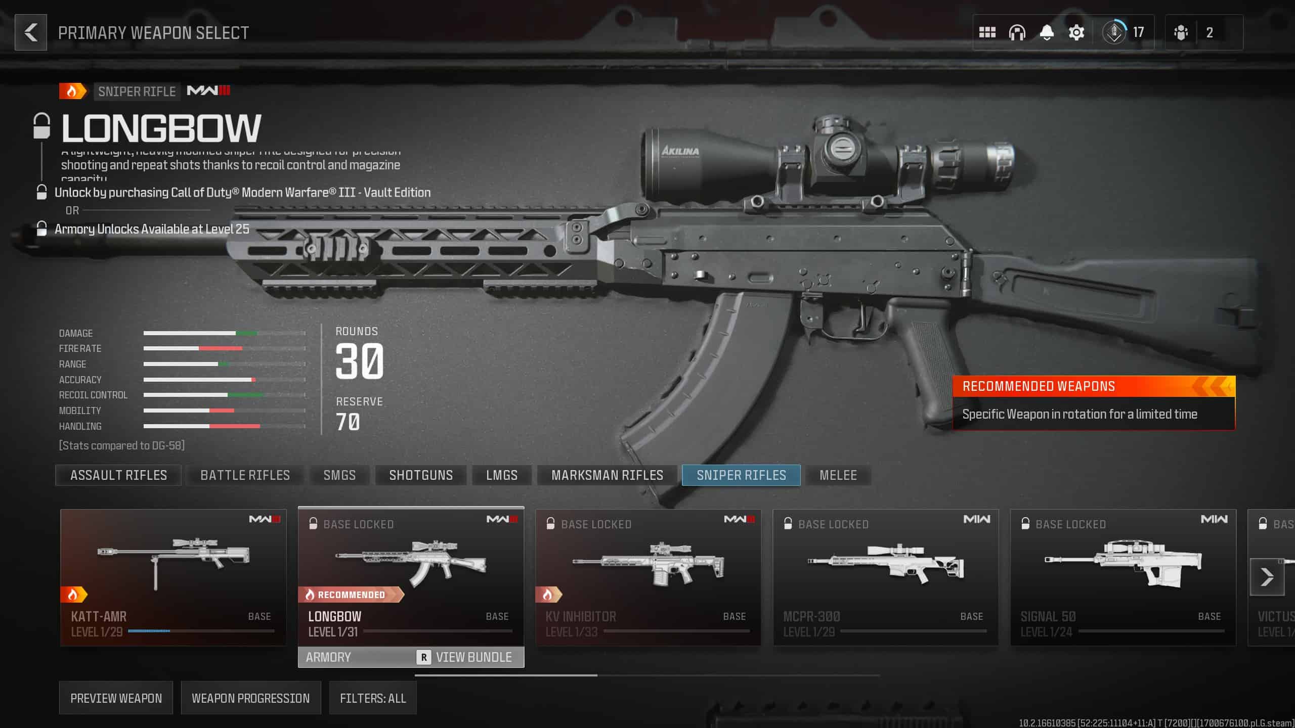 An image of the Longbow in the Gunsmith of MW3. Image captured by VideoGamer.