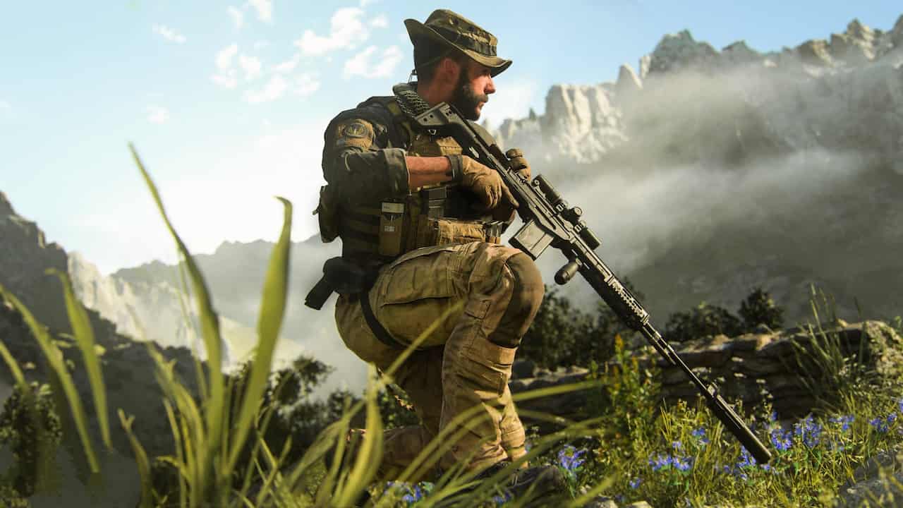 A soldier with a rifle in front of a mountain, associated with MW3.