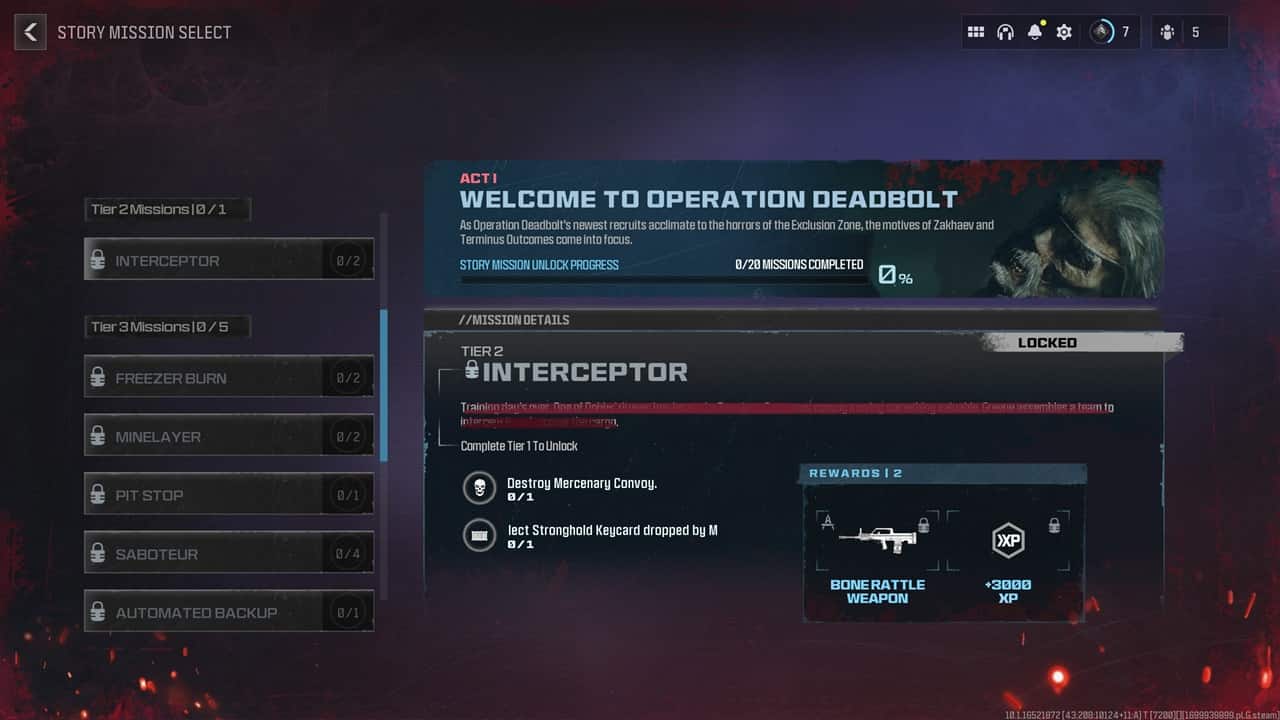 MW3 Zombies Act 1 missions and rewards: An image of the menu highlighting tier 2 missions in the game.