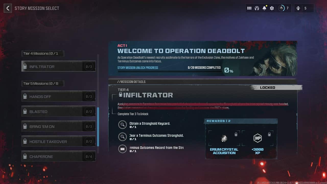 MW3 Zombies Act 1 missions and rewards: An image of the menu highlighting tier 4 missions in the game.